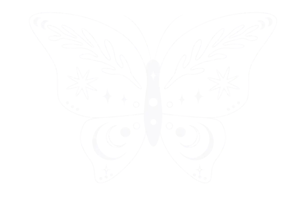Imaginal Path logo. A butterfly with its wings spread out. The butterfly wings have various mystical symbols as its design, including stars, moons, suns, and leaves.