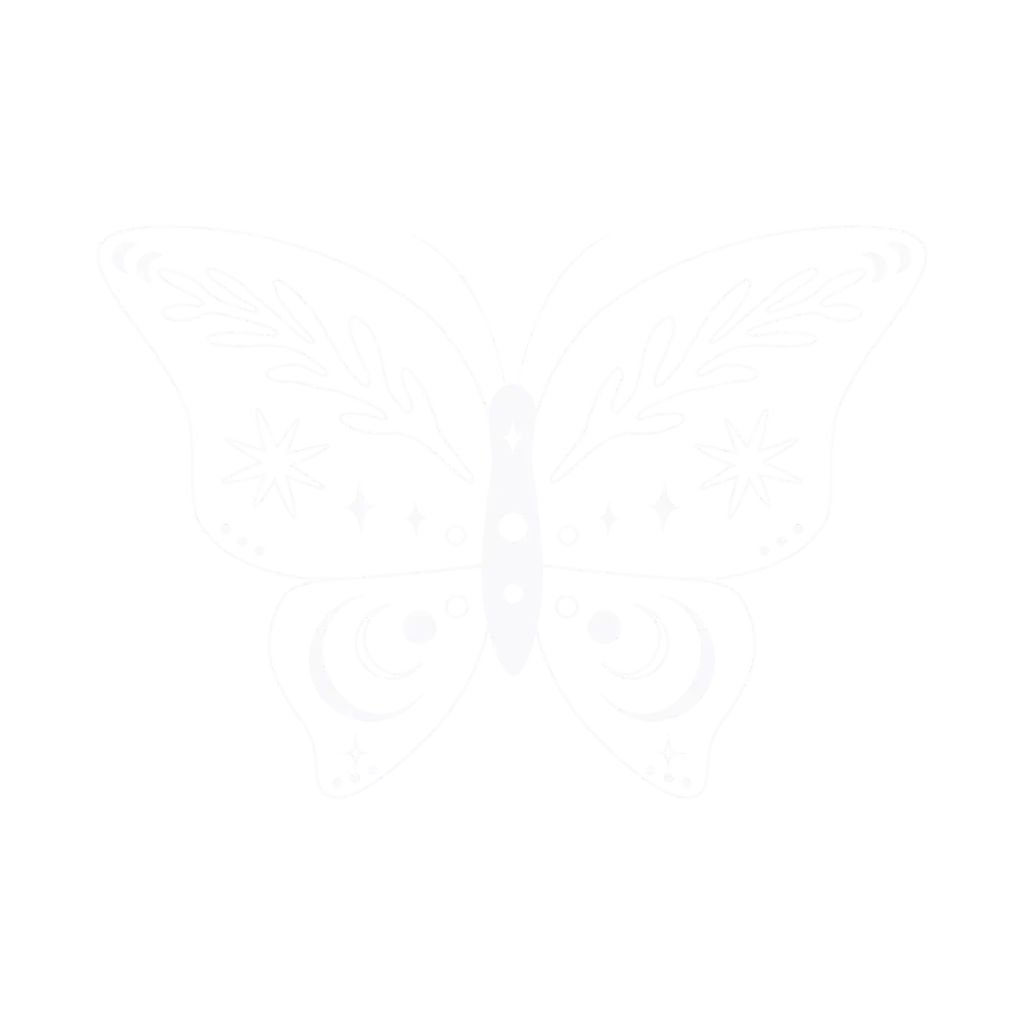 Imaginal Path logo. A butterfly with its wings spread out. The butterfly wings have various mystical symbols as its design, including stars, moons, suns, and leaves.