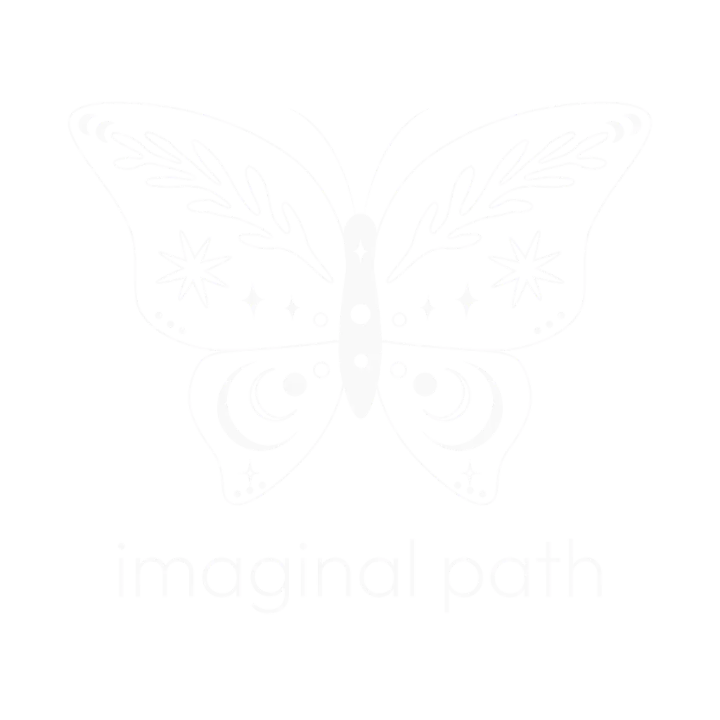 Imaginal Path logo. A butterfly with its wings spread out placed above a text that reads imaginal path. The butterfly wings have various mystical symbols as its design, including stars, moons, suns, and leaves.