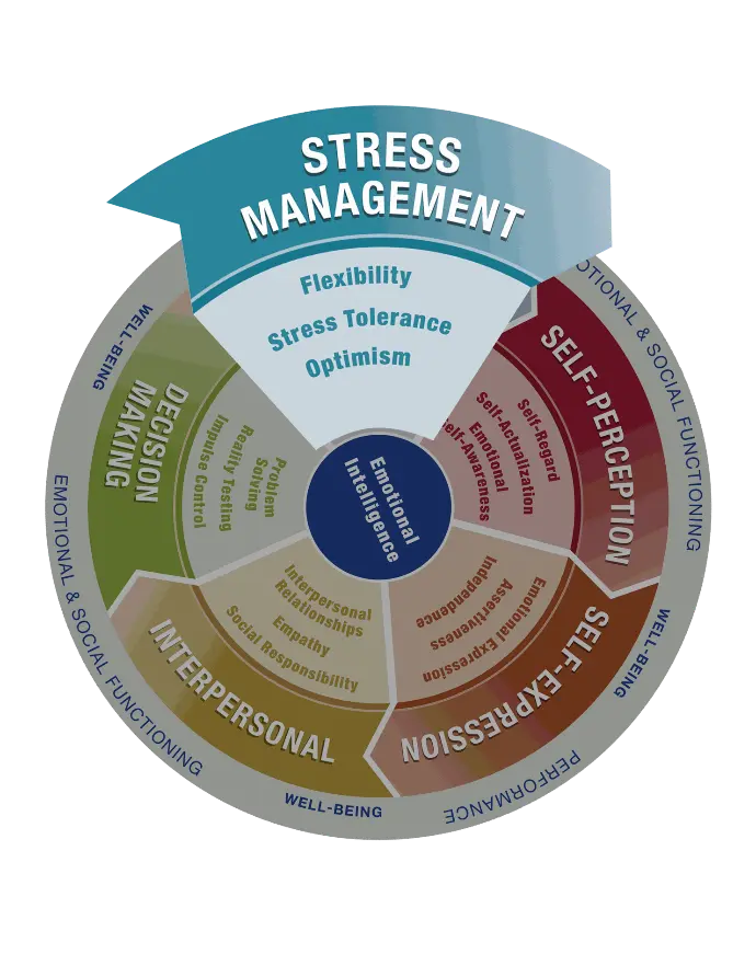 The graphic of the Stress Management composite area of the EQ-i 2.0 along with the three related skills. It says Stress Management Composite, Flexibility, Stress Tolerance, and Optimism.