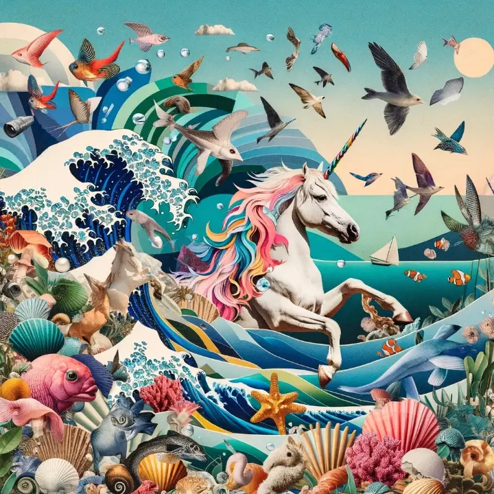 I had a GPT create this collage-style image for me. It’s a unicorn in the ocean, surrounded by waves and all sorts of ocean creatures. And because it’s AI, it’s REAL WEIRD. Are those birds, or fish? Why is there a mushroom? Why does that one ocean animal sort of look like a pug? I’m in love with how bizarre it is.